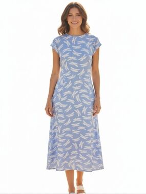 Loft Midi Dress Size 8 Blue Dragonflies Cap Sleeve 12 Inch Slit Back Zip Viscose